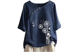 MASBIRD Summer Tops for Women Cotton Linen Casual Floral Short Sleeve T-Shirt Lightweight Crewneck Blouse Tee Plus Size Shirt
