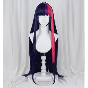 MAGQOO Long Straight Anime Purple Hot Pink Cosplay Costume Wig with Bangs | Dark Purple Mixed Pink Costume Wigs for Women Hal
