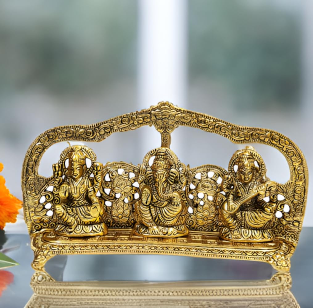 Purpledip white metal Golden color statue of lakshmi, ganpati, saraswati (10456)