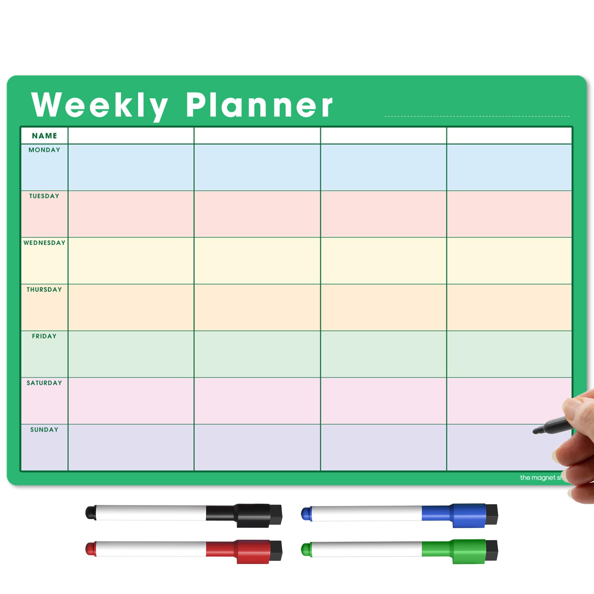 TMS A3 Magnetic Weekly Planner and Organiser – Fully Customisable Whiteboard for Family or Business Tasks and Meal Planning - with 4 Free Magnetic Dry Wipe Pen (Green - Multi-Coloured, A3) — image 1