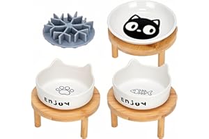 IKIKICUBEE 3PCS Elevated Cat Bowls,Wide Raised Ceramic Pet Dishes with Bamboo Stand, Whisker Friendly Pet Water or Food Plates Feeding Station for Indoor Small Dogs, Kitten (White(3PCS))