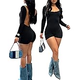 Hafailia Bodycon Jumpsuits for Women Sexy Backless Rompers Long Sleeve Scoop Neck Bodysuits One Piece Outfits