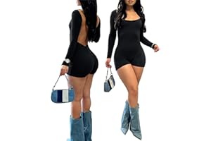 Hafailia Bodycon Jumpsuits for Women Sexy Backless Rompers Long Sleeve Scoop Neck Bodysuits One Piece Outfits