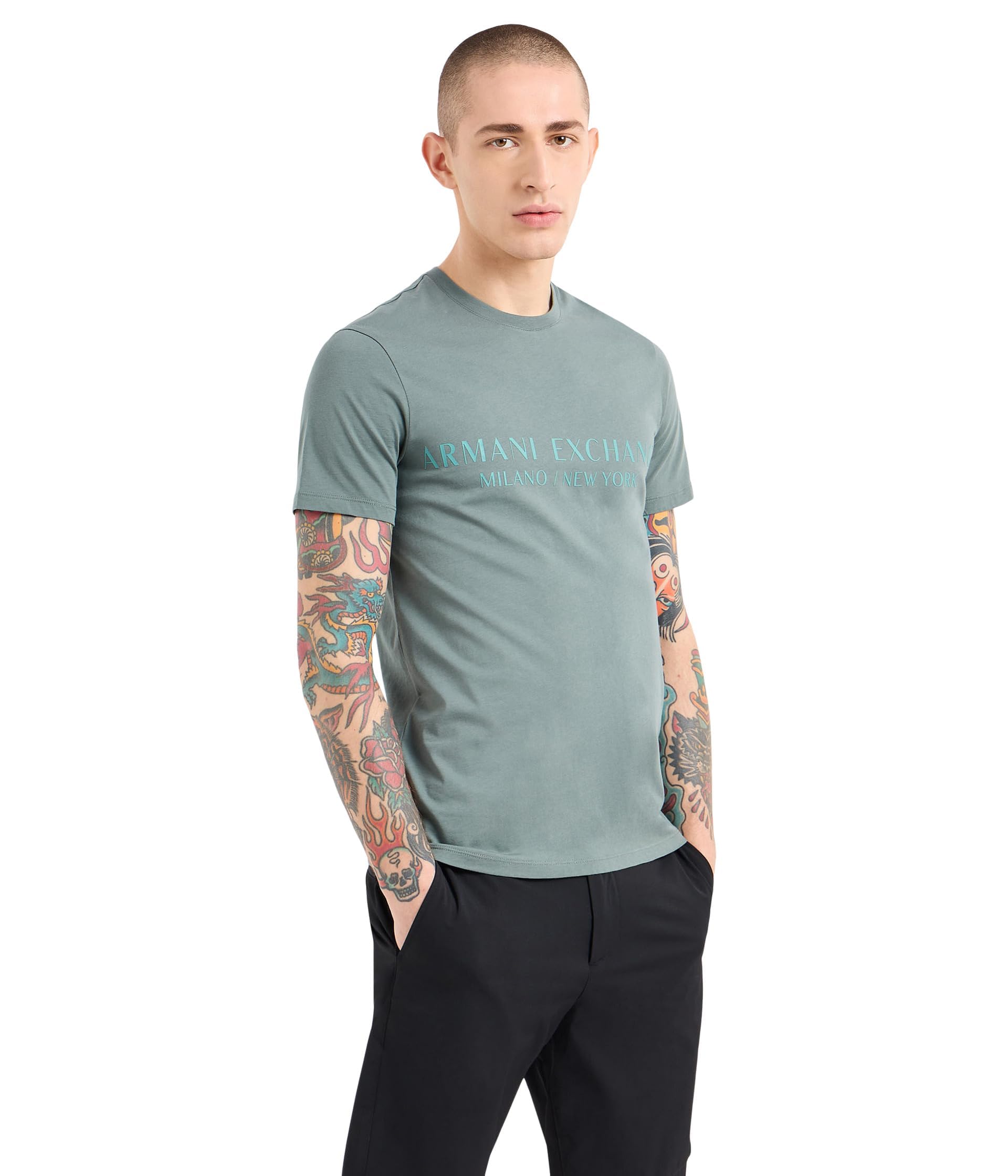 Armani Exchange Men’s Short Sleeve Milan New York Logo Crew Neck Tee, Balsam Green, Large