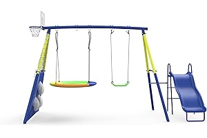 SENCHO GINSYTALIOR Swing Set for Kids Outdoor Swing Sets Heavy-Duty Metal Swing Set with Slide Backyard Swing Set Holds Up to 440lbs for Ages 3-8