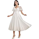 Tea Length Wedding Dresses for Bride Boho Lace Wedding Dresses for Women A Line Tulle Bridal Shower Dress with Sleeves