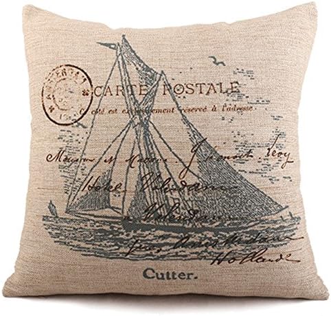 Goldenchildhood Cotton Linen Cartoon Sailing Series Sailboat Pattern Decorative Throw Pillow Covers Pillowcase (Sailboat-3)