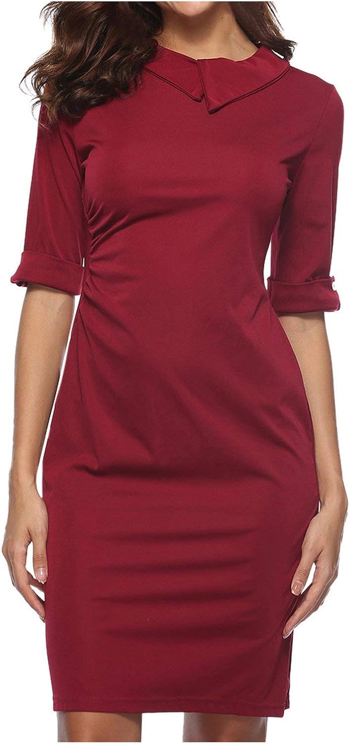 sanzhangdd Women Retro Below Knee Formal Office Dress Pencil Dress with Back Zipper Elegant,Wine