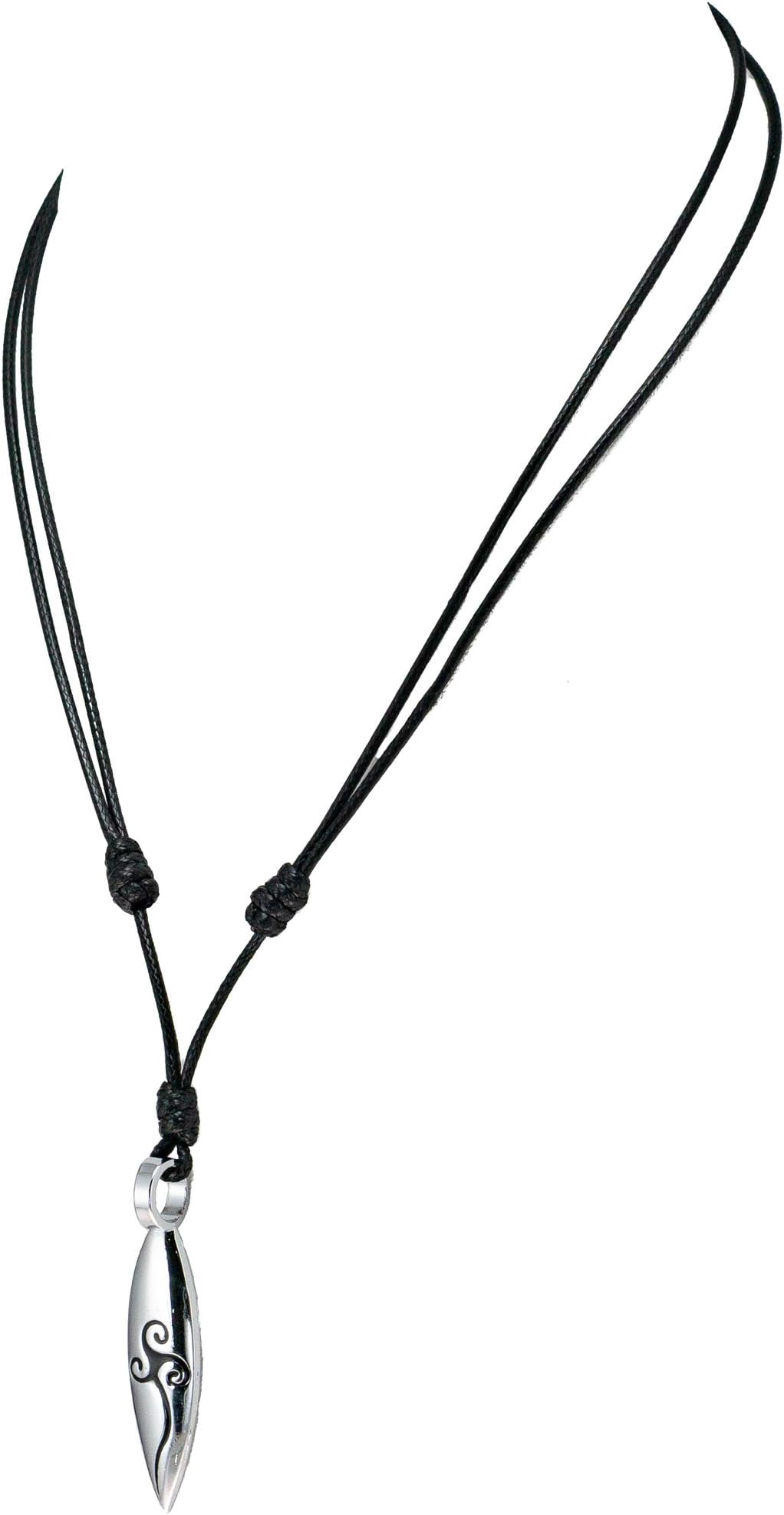 Surfboard Pendant with Celtic Design on Adjustable Black Rope Cord Necklace (Chrome Finish)