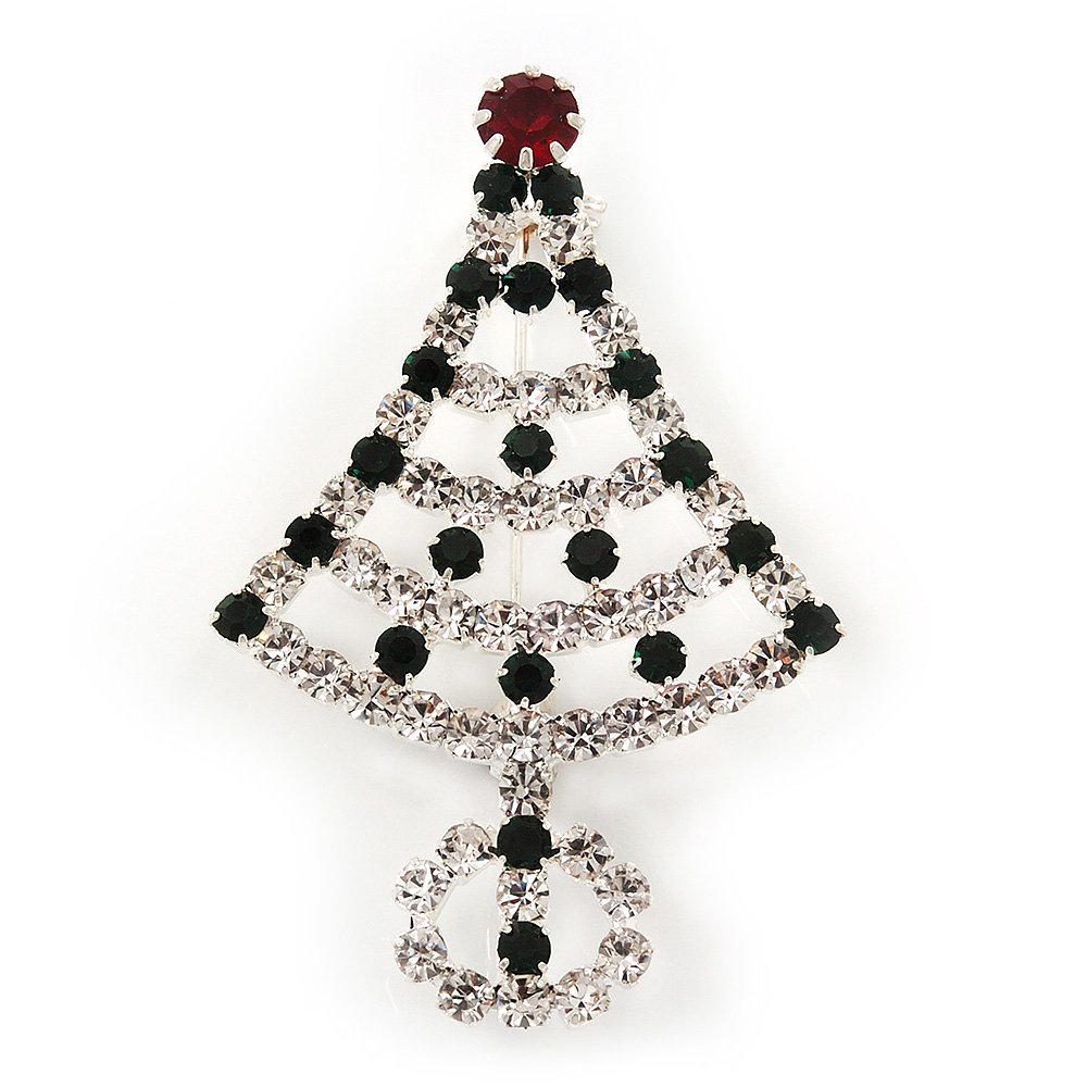 Green/Red/White Crystal 'Christmas Tree' Brooch In Silver Plating - 6cm Length