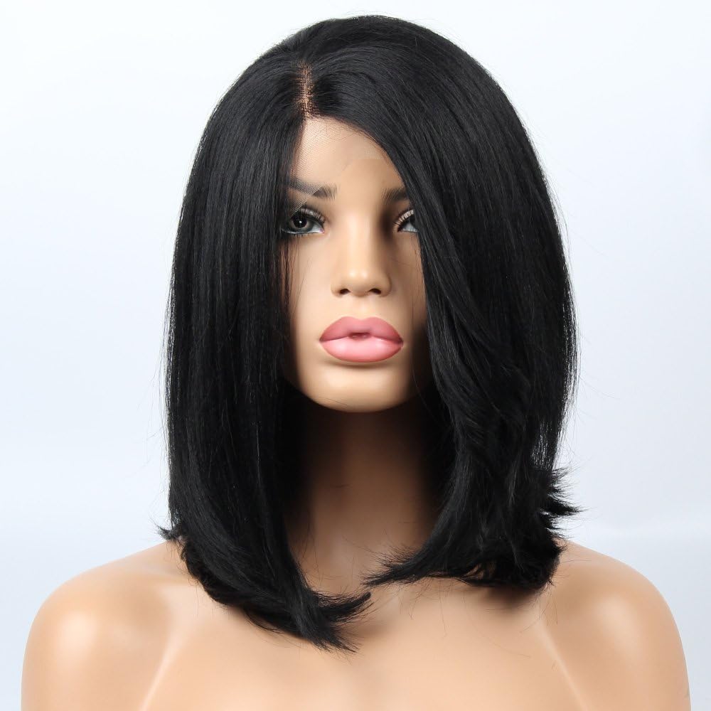 vvBing Side Part Wig Cap Short Shoulder Length Hair Yaki Straight Black Bob Wigs Lace Front Synthetic Bob Cut Hair Lace Front Wigs For Women Heat Resistant Fiber Hair 16Inch
