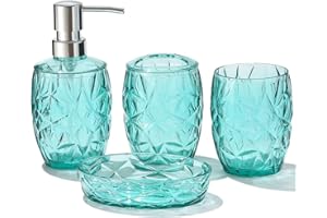YAUKPH Clear Acrylic Bathroom Set - Soap Dispenser, Toothbrush Holder, Cup & Soap Dish - Modern Countertop Organizer for Sink, Vanity - Rustproof, Shatterproof (TealBlue, 4-Piece)