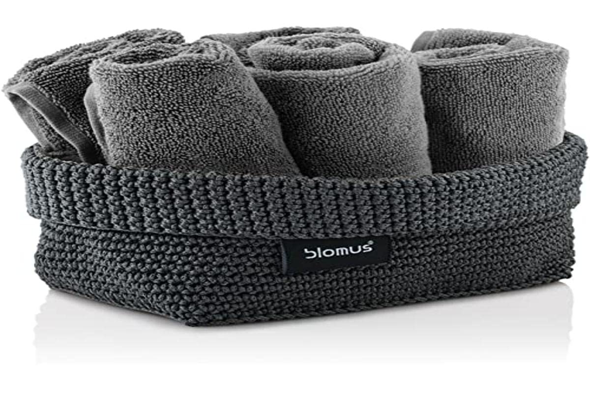 Blomus -TELA- 68885 Crochet Basket L Made of Synthetic Fibre, Anthracite, Basket for Storage, Workmanship, Exclusive Look, Ideal for Towels, Cosmetics etc. (H x W x D: 9 x 12 x 20 cm,