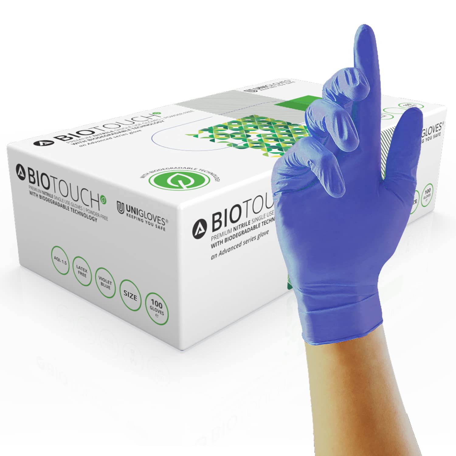 UNIGLOVES BioTouch Nitrile Disposable Gloves - Biodegradable, Multipurpose, Medical Grade Examination Gloves - Box of 100 Gloves, Blue, Extra Small (GM0081) — image 1