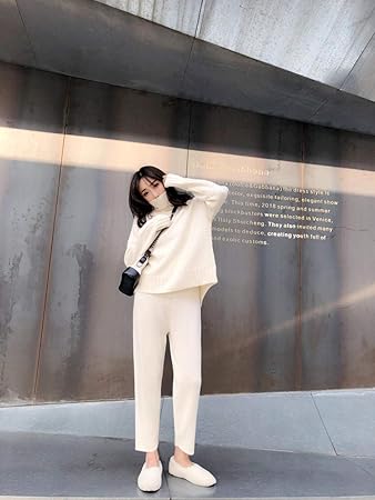 Amazon Co Jp ルーズニット2ピーススーツレディーススポーツウェアファッションワイドレッグパンツスーツプルオーバーセーターセーター スーツニットスーツ スポーツ アウトドア