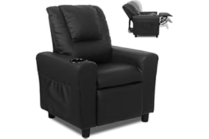 GNMLP2020 Kids Recliner Chair with Cup Holder and Side Pocket, Toddler Recliner Chair with Adjustable Footrest, Child Recliners for Kids Age 1-4, PU Leather -Black