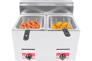 GOSHET Commercial LPG Gas Deep Fryer,12L Countertop Stainless Steel Fryer Metal Tube Double Deep Fryer with 2 Frying Baskets and 2 Lids,for Cafeteria French Fries, Chicken, and More