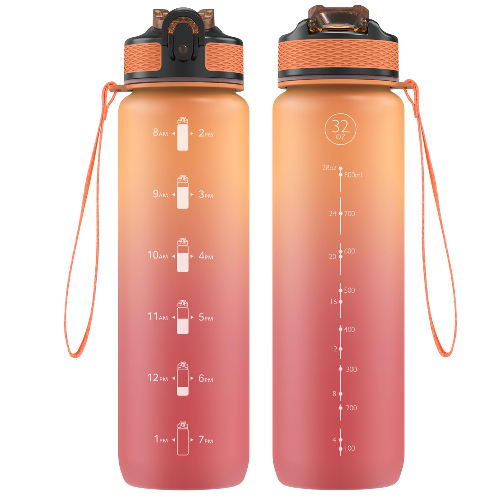 NAVTUE Water Bottle, 1L Sports Water Bottle with Straw, Time Markings, Tritan BPA free, Leakproof Drinks Bottle for School, Cycling, Running (1 Bottle OrangeRed)
