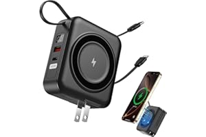 Magnetic Power Bank with AC Wall Plug, 6-in-1 Wireless Portable Charger 10000mAh Built-in Cables, 22.5W Type-C in&Out Fast Ch