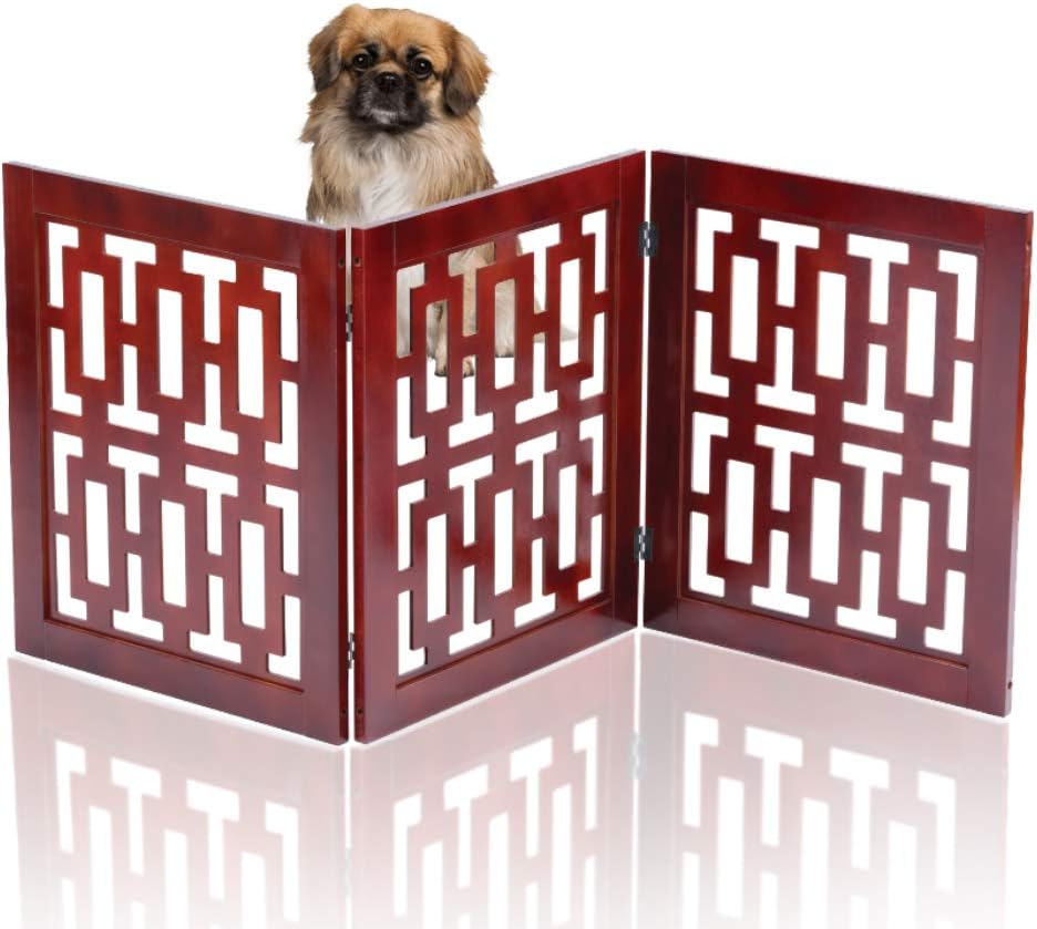 Safety Pet Gate for Dogs – Free-Standing & Foldable - Decorative Scroll Wooden Fence Barrier – Stairs & Doorways No Tools Required (Modern)