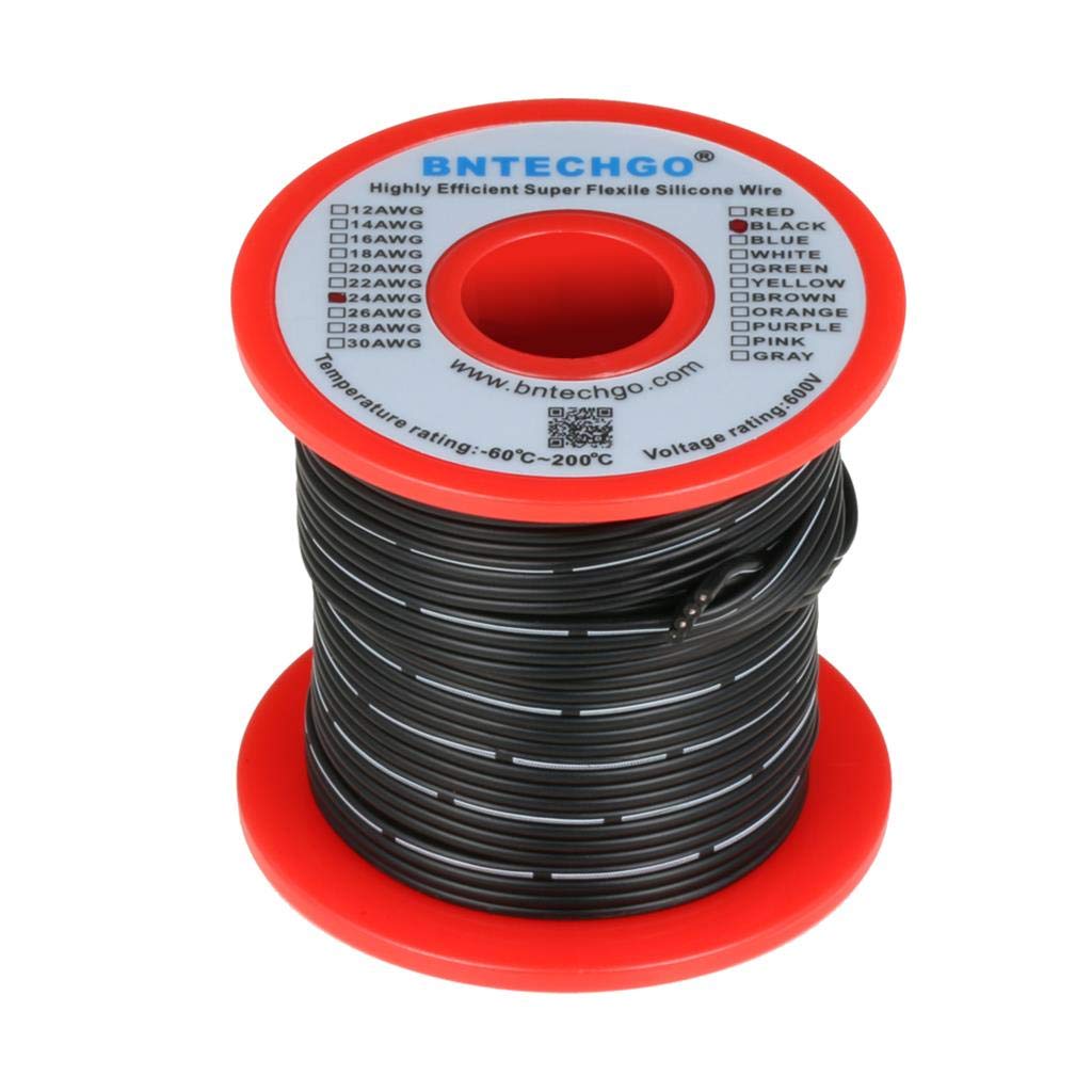 BNTECHGO 24 Gauge Silicone Ribbon Cable Copper Wire 4P Flat Cable 24 AWG Flexible Soft Silicone Rubber Parallel Wire Stranded Tinned Copper Wire 4 Pin Black 50 ft