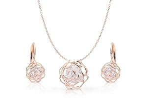 Crystalline Azuria Women 18K Gold Plated White Crystal Roses Flowers Necklace and Earrings Set for Women Wedding Party Bridal