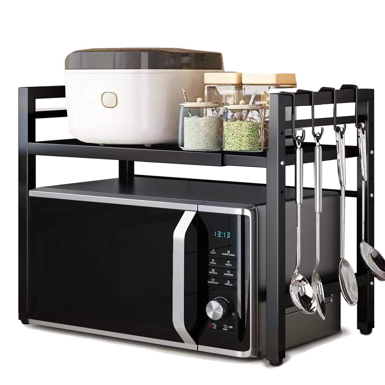 Photo 1 of Vautrezon Microwave Oven Rack Expandable Countertop Heavy Duty Microwave Shelf 2-Tier Adjustable Metal Storage Shelf Rack for Kitchen(Black)