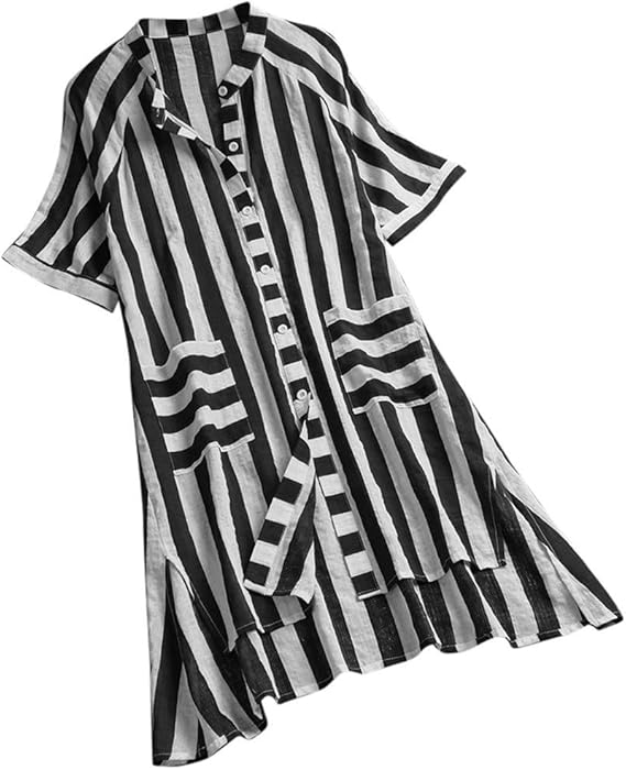 Amazon シャツ レディース Usubeni トップス 綿麻 ストライプ 半袖 ロングシャツ ｔシャツ ブラウス カジュアル ゆったり 大きいサイズ 体型カバー 春 夏 秋 トレーナー パーカー 通販