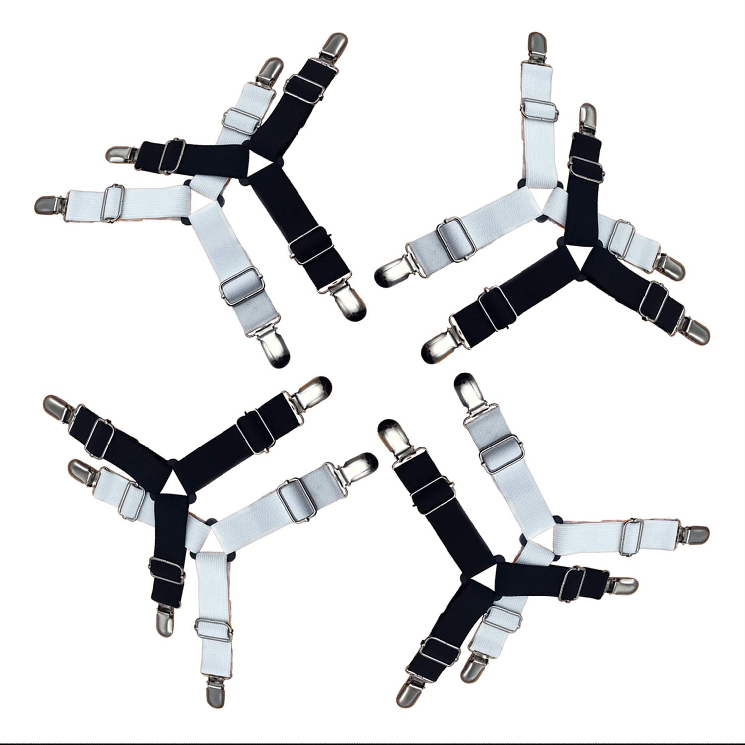 COSORO 8PCS Adjustable Bed Sheet Fasteners Metal Clips -3-Way Adjustable Mattress Fastener Grippers Suspender Straps,Sofa Anti Skid Fixed Clothes Trousers Curtain Clips (4 Black +4 White)