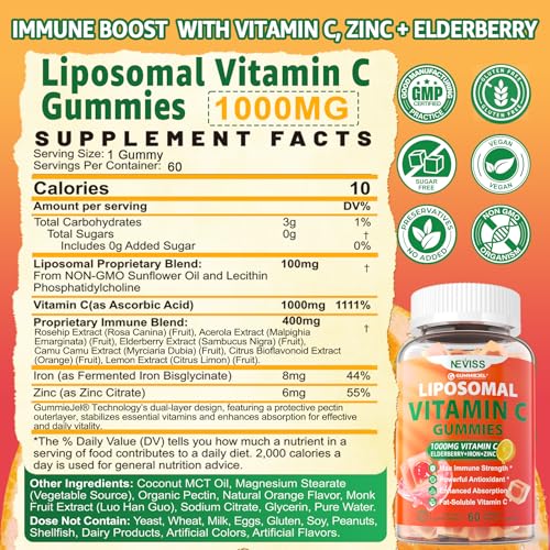 Liposomal Vitamin C 1000mg Gummies for Adults - Vitamin C Chewable with Elderberry, Zinc & 8mg Iron, Sugar Free Vit C Supplements, Daily Immune Support Gummies for Energy, Collagen Booster 60 Counts