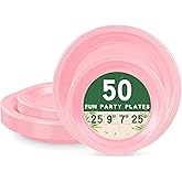 LANLISA 50 Pcs Pink Plastic Plates For Party, 25-9" & 25-7" Disposable Cake Dessert Plates For Birthday, Valentines Day, Baby Shower, Easter, Mothers Day Dinner