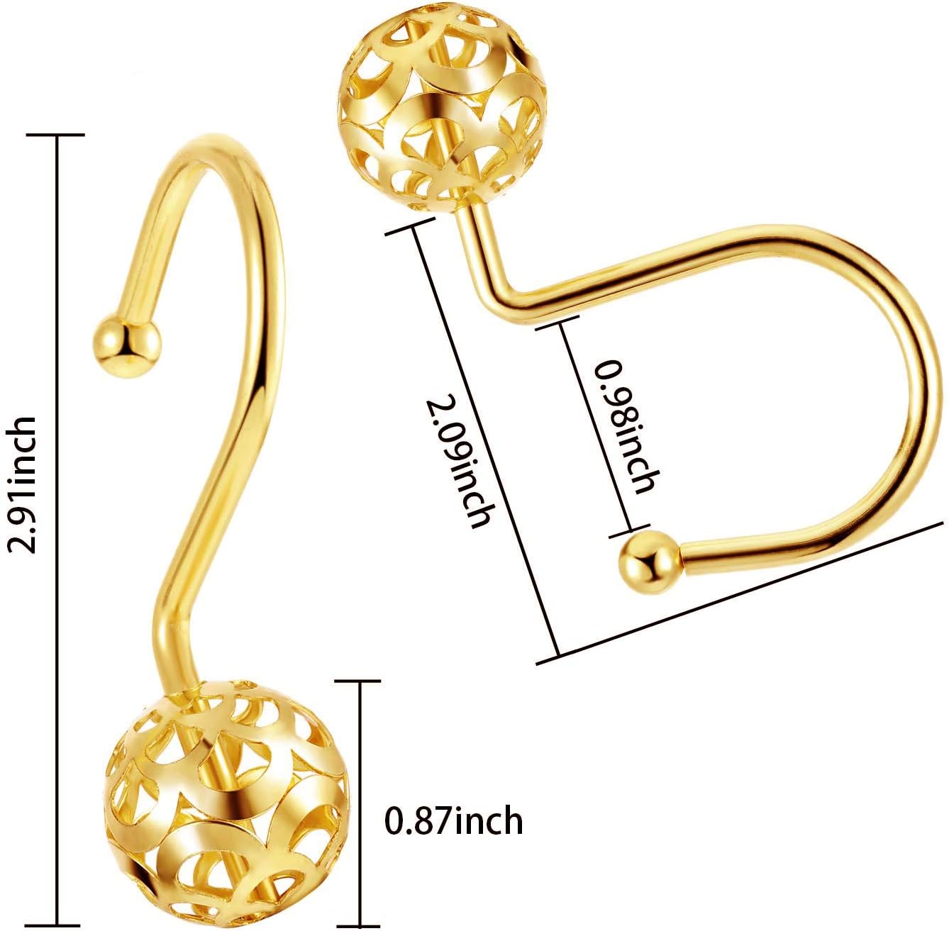 Chictie 12Pcs Gold Shower Curtain Rings Hooks Decorative Hollow Ball