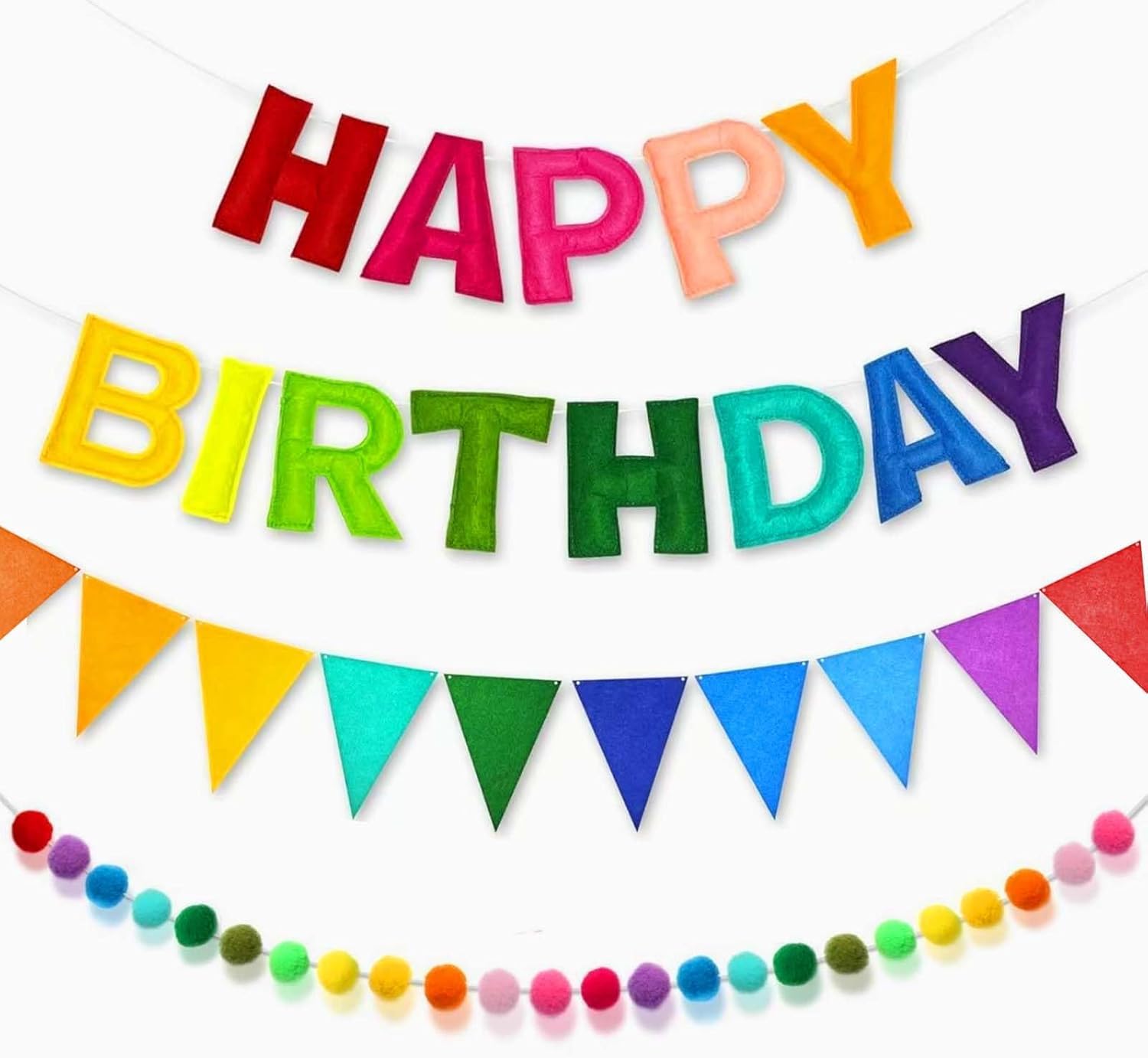 Pre-Strung 3D Happy Birthday Banner-Felt Happy Birthday Decorations Ball Garland Pennant Flag Reusable Rainbow Birthday Decorations Multicolor Rainbow Bunting String Triangle Flags