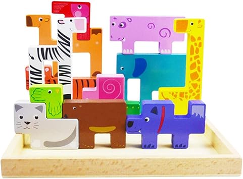 CraftDev Wooden Jigsaw Puzzle Tangram Board Cartoon Animal Tetris Sliding Blocks Jigsaw Board Game Early Educational Develoment Toys Gifts for Kids Boy Girls