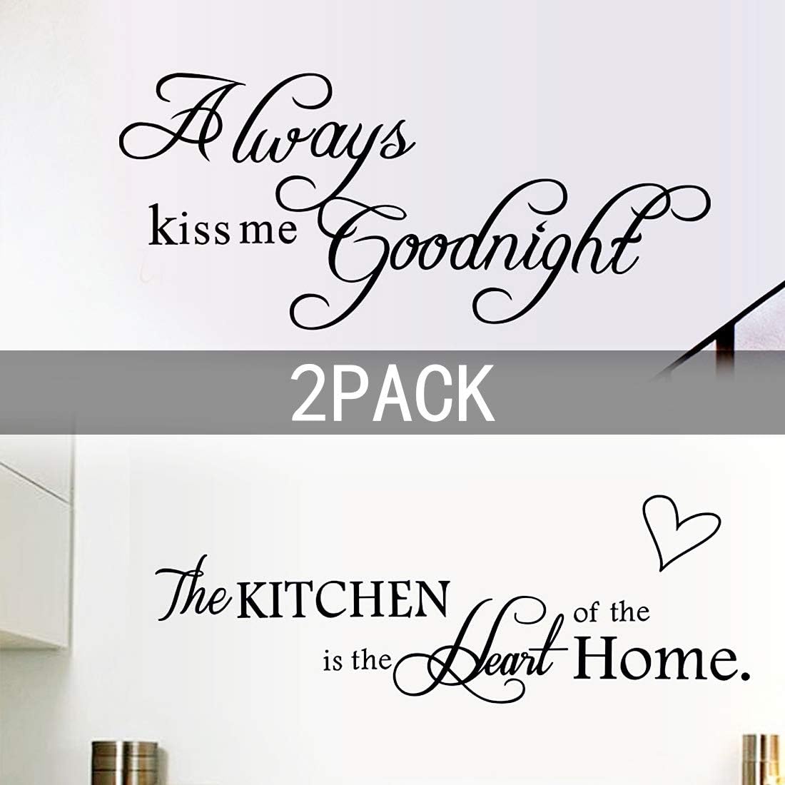 2 Pack Wall Stickers Quotes Wall Decal Removable for Kitchen and Bedroom Room,Always Kiss Me Goodnight,The Kitchen is The Heart of The Home