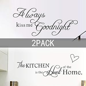 2 Pack Wall Stickers Quotes Wall Decal Removable for Kitchen and Bedroom Room,Always Kiss Me Goodnight,The Kitchen is The Heart of The Home