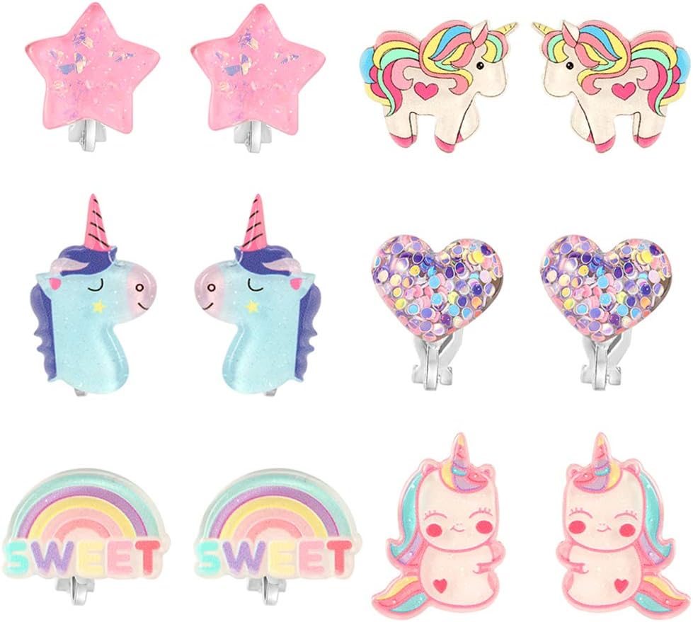 PowerKing Clip On Earrings for Girls, Girls Jewelry Dress Up Earrings and Princess Play Earrings Set for Kids, 6 Pairs, Unicorn Bling (new unicorn 6 set)