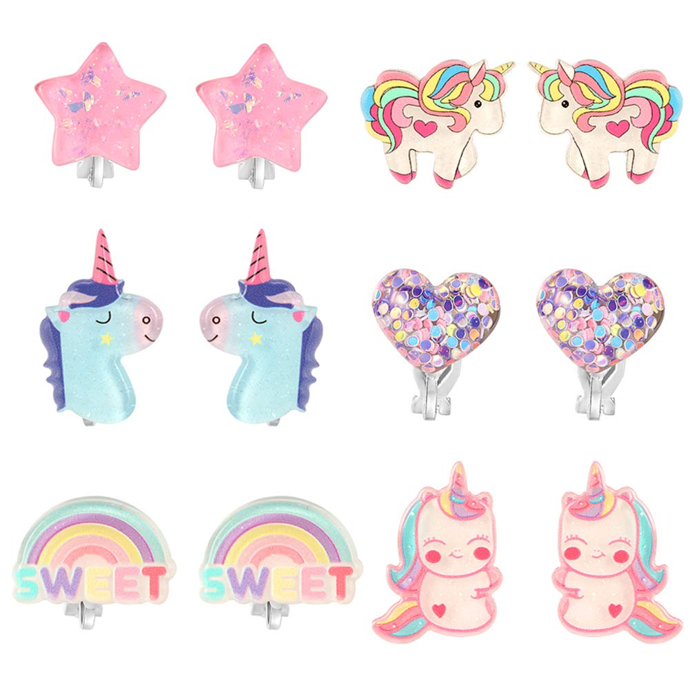 PinkSheep Unicorn Clip On Earrings for Little Girls, Bling Earrings Rainbow Earrings for Kids, 6 Pairs, Best Gift — image 1