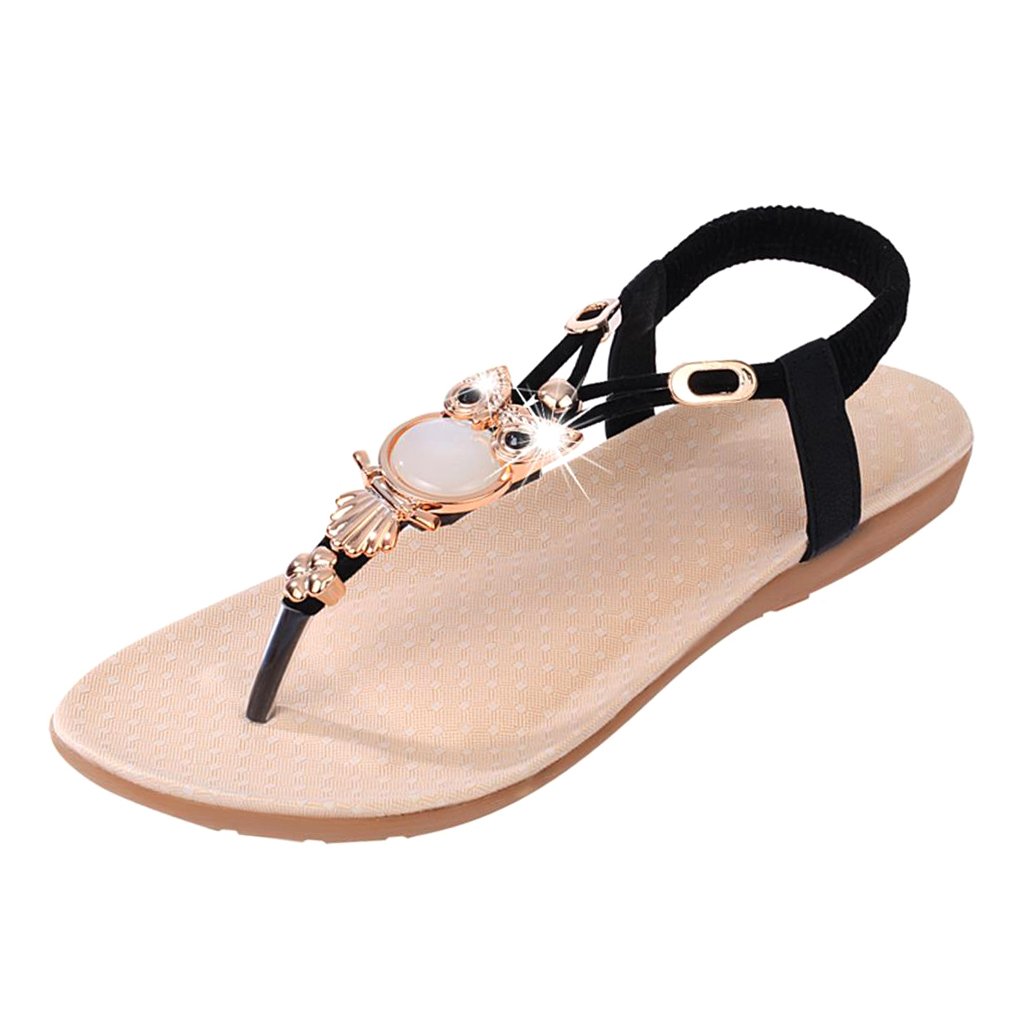 footful women summer bohemia flat sandals beach thong shoes black 36