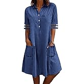 utcoco Denim Dress for Women 2025 Casual Tulle Short Sleeve Button Jean Midi Dress with Pockets
