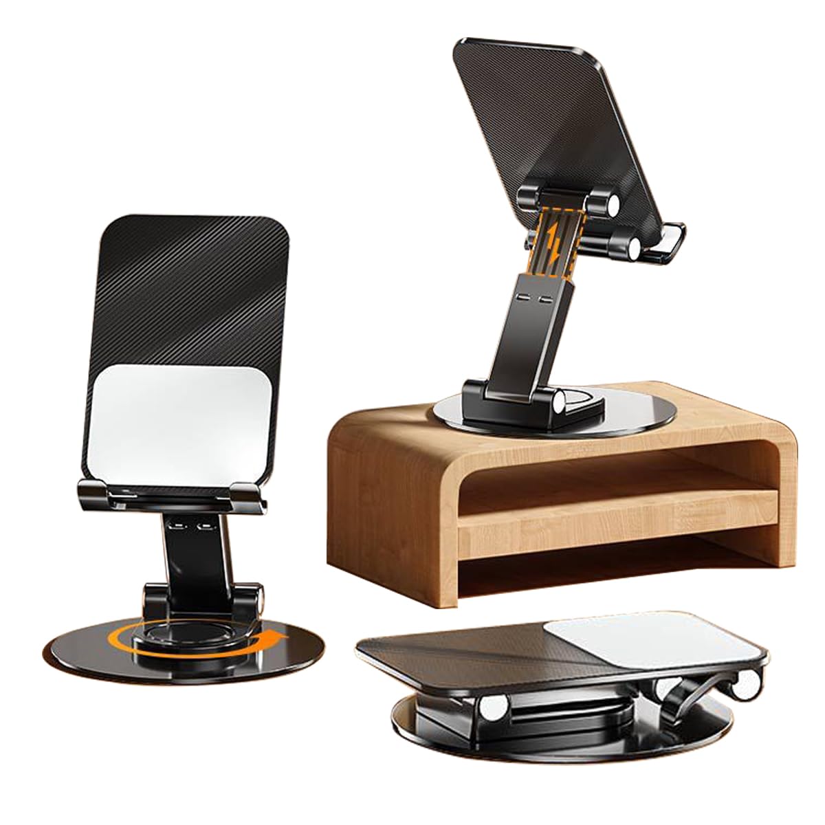 KMTOYS Mobile Phone Stand Desk and Mobile Phone Holder for Table 360° Rotation, Multi-Angle, Non-Slip Metal Base, Foldable and Portable Phone Holder with All Smartphones - Black