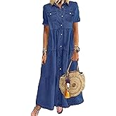 Sexyshine Women's Button Down Denim Dress Short Sleeve Lapel Collar High Waist A Line Swing Ruffle Jeans Maxi Dress