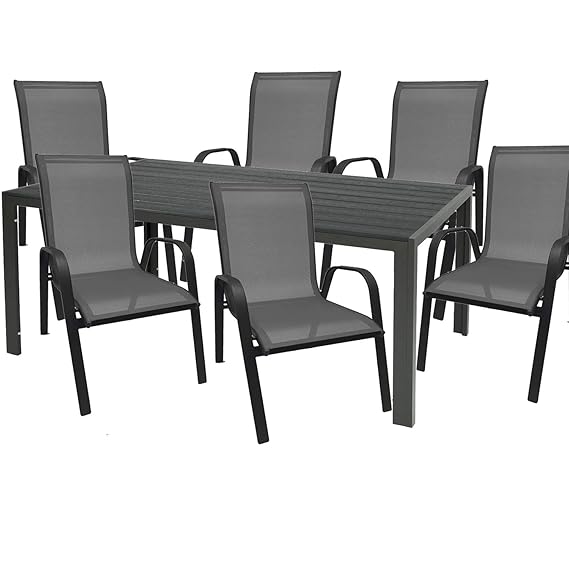 Mojawo Hochwertige Gartengarnitur 7-teilig Gartentisch 180x90cm Anthrazit Polywood Grau + 6 Stapelstühle Textilen Anthrazit G