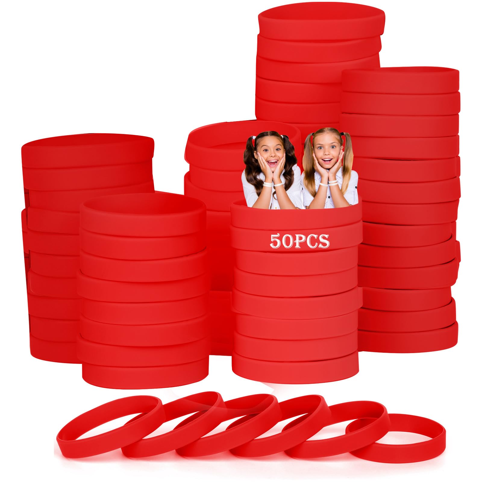 HONTIUS silicone wristbands, 50PCS Red Rubber Wristbands Blank Wrist Bands Universal Wristband Set for Kids Teens Sport Suitable for 8-12 aged
