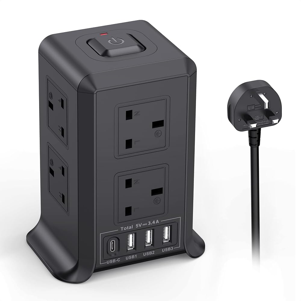 Kemelo Tower Extension Lead with 4 USB Ports 8 Way 5M Surge Protected