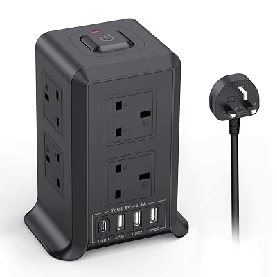 Kemelo Tower Extension Lead with 4 USB Ports 8 Way 5M Surge Protected