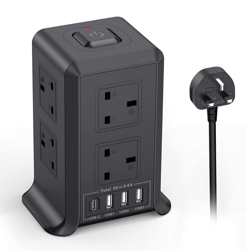 Kemelo Tower Extension Lead with 4 USB Ports 8 Way 5M Surge Protected