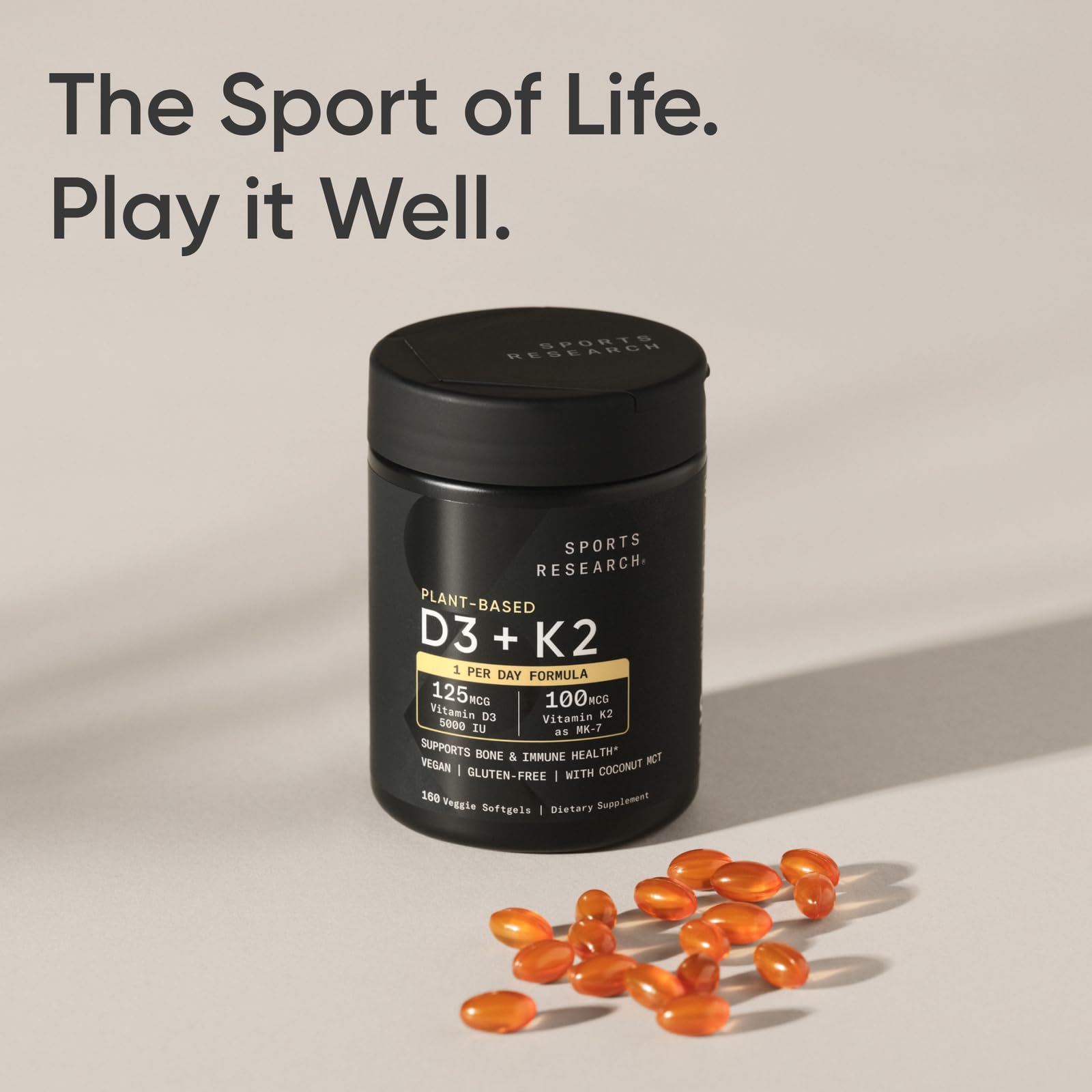 Sports Research Vitamin D3 K2 with 5000iu of Plant-Based D3 & 100mcg of Vitamin K2 as MK-7, Non-GMO Verified & Vegan Certified - 160 Liquid Softgels