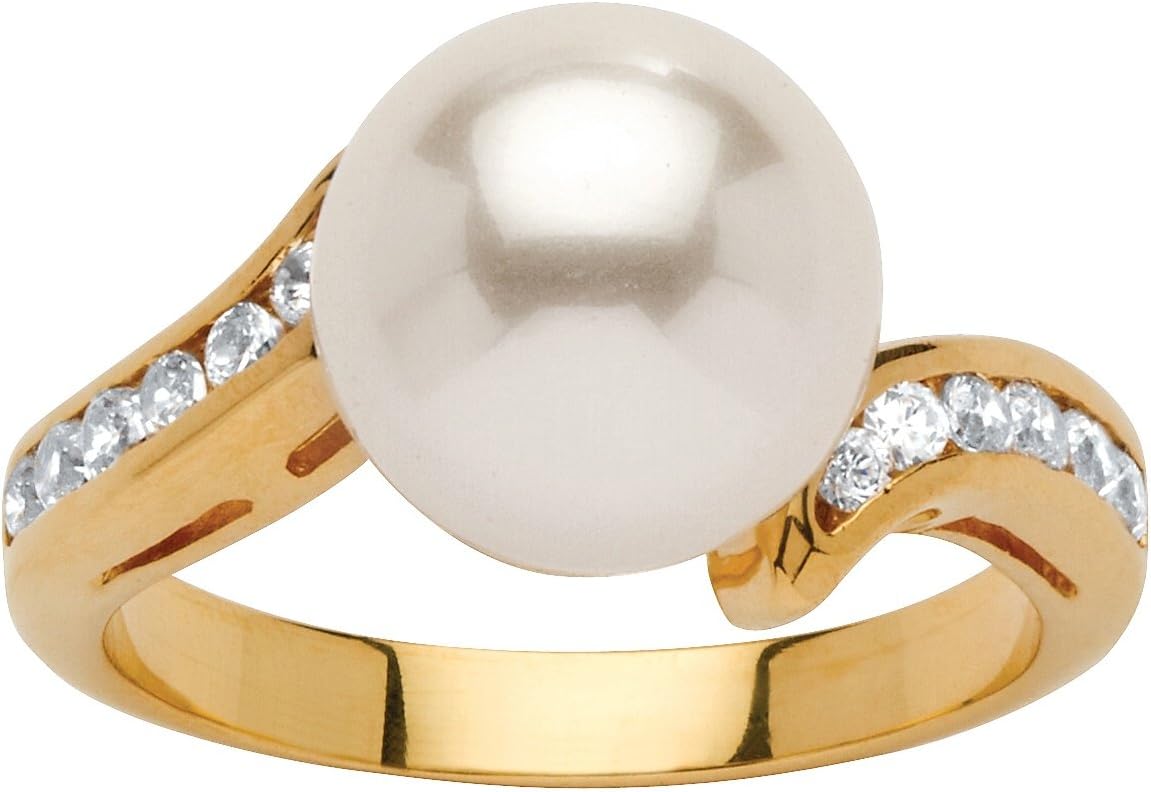 18K Yellow Gold Plated Round Simulated Pearl and Round Cubic Zirconia Ring