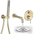 AZOS Wall Mounted Bathtub Faucet with Handheld Shower, High Flow Rate Tub Filler Faucet Set with 360° Swivel Spout Fixtures, Brushed Gold Waterfall Tub Faucets